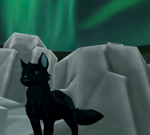 A magic cat made of space outdoors in front of a crystal formation. There are auroras in the sky.